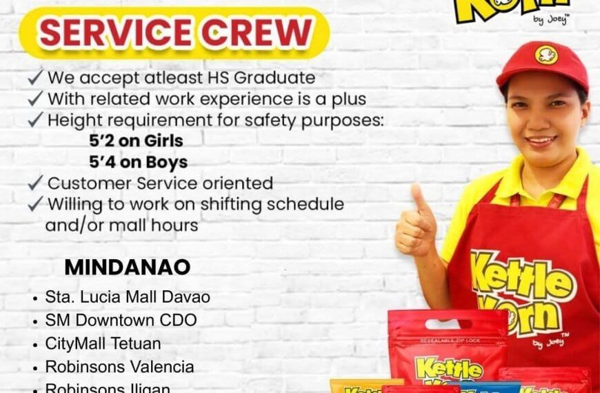 kettle korn job ad: smiling employee holds up thumb, job requirements and contact info over yellow background.