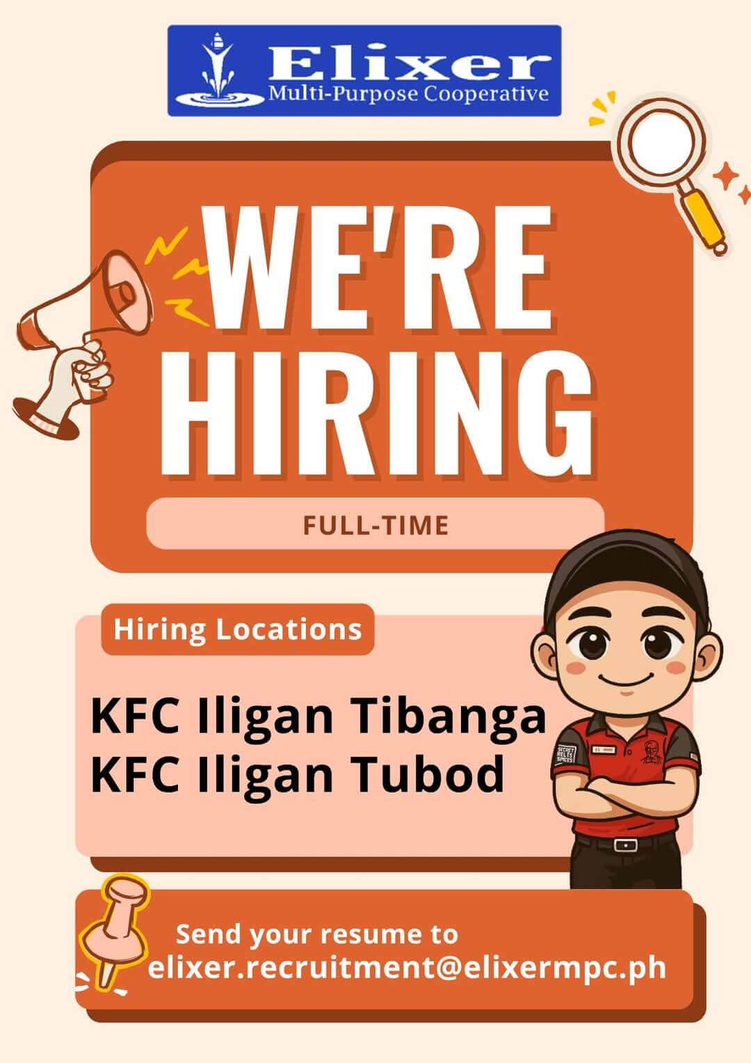 job hiring poster for full time kfc positions in iligan tibanga and tubod, with cartoon worker illustration.