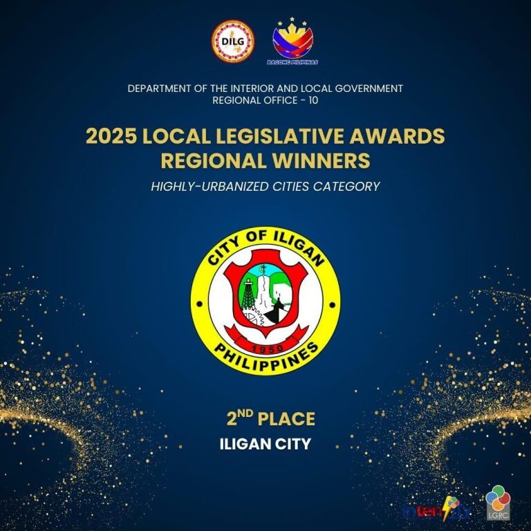 text graphic with government logos announcing iligan city as 2nd place in 2025 local legislative awards.