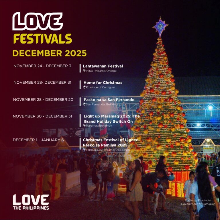 a large, brightly lit christmas tree with people gathered around, and festive event details listed beside it.
