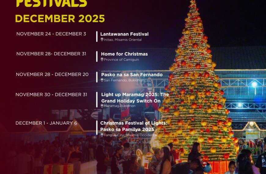 a large, brightly lit christmas tree with people gathered around, and festive event details listed beside it.
