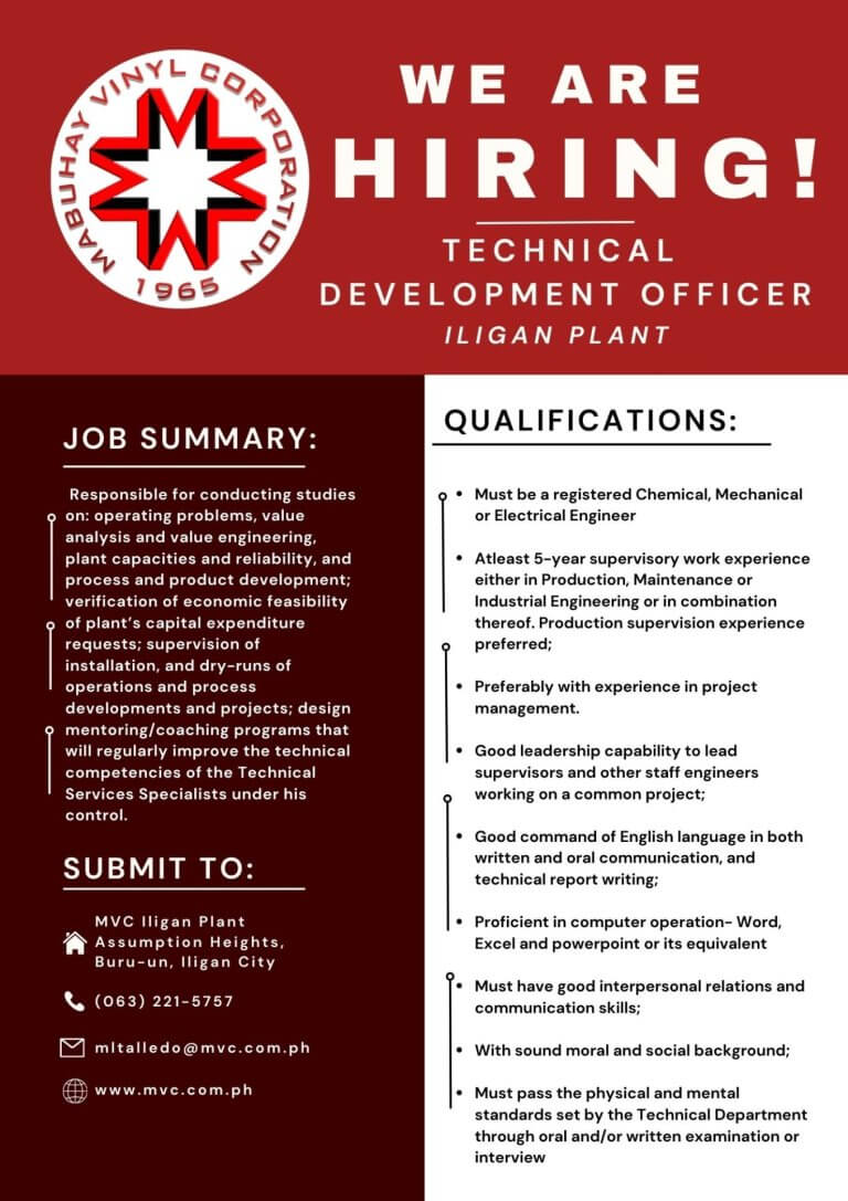 red and white hiring ad for technical development officer at mabuhay vinyl corporation, iligan plant.