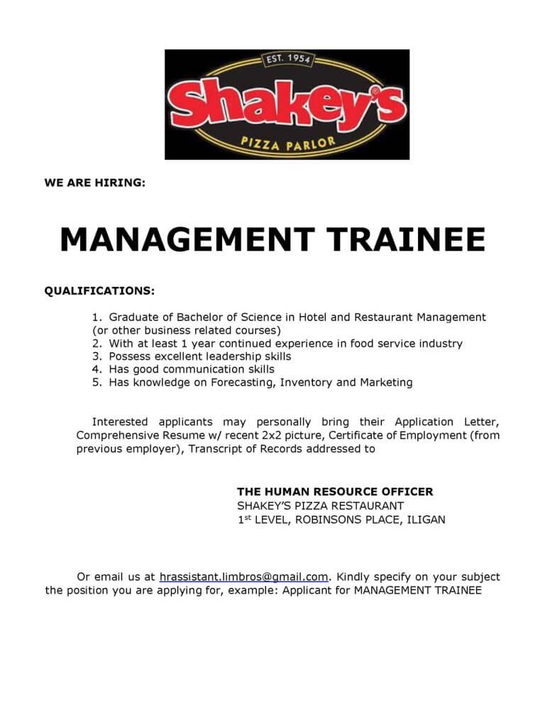 shakeys iligan job ad for management trainee, highlighting leadership positions and application steps in black text.