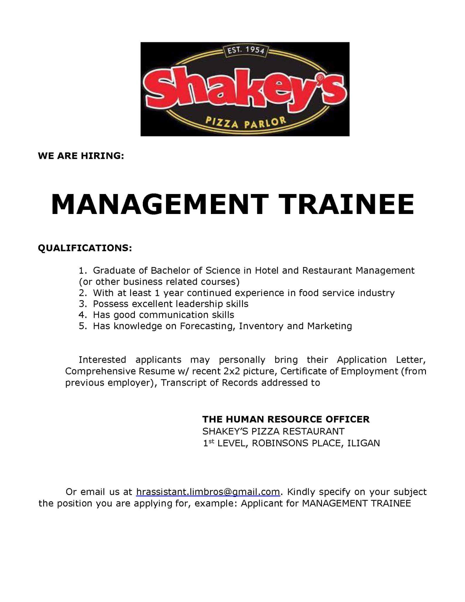shakeys iligan job ad for management trainee, highlighting leadership positions and application steps in black text.