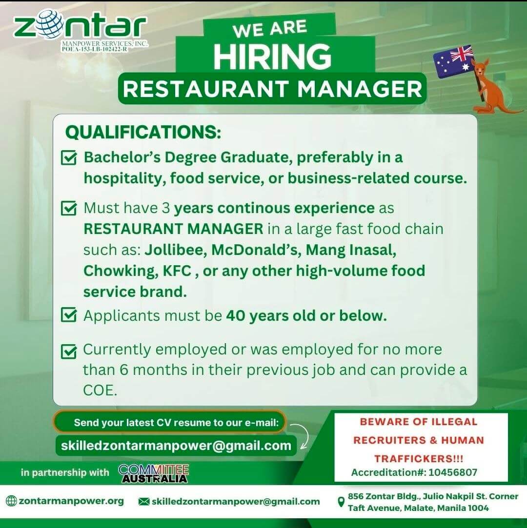 we are hiring: restaurant manager. lists qualifications and contact info. australia flag and warning about illegal recruiters.