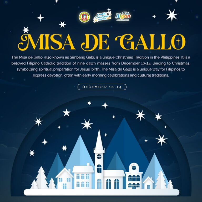 illustration of iligan church at night, stars, misa de gallo text, december 16 24 dates on dark blue.