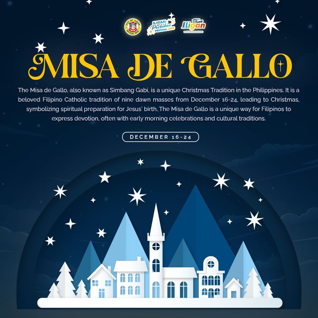 illustration of iligan church at night, stars, misa de gallo text, december 16 24 dates on dark blue.