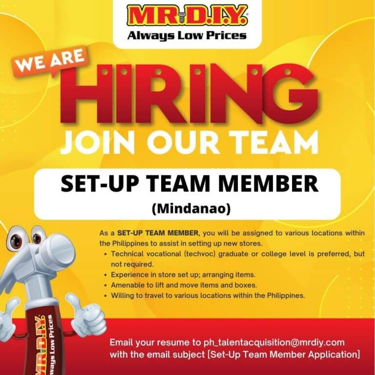mr. d.i.y. hiring ad for set up team member in mindanao, with job details and application email address.