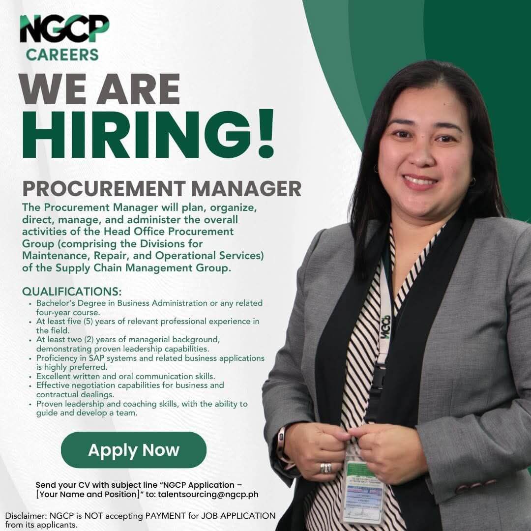 a woman in business attire stands beside a were hiring! procurement manager job ad for ngcp careers.