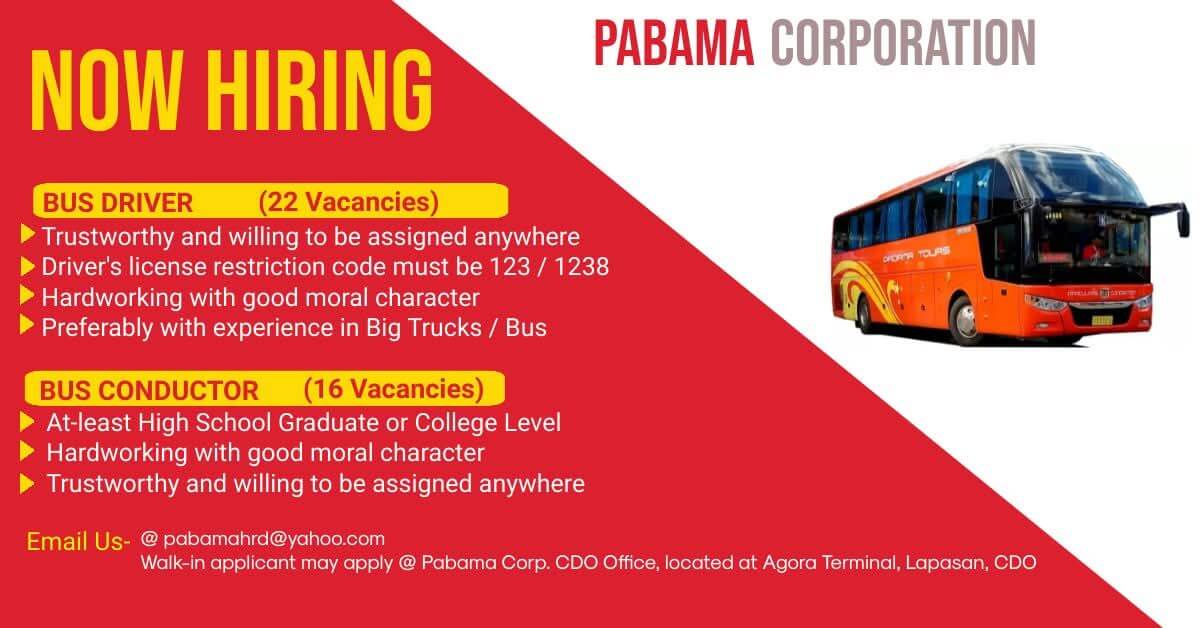 job hiring ad for pabama corporation with bus image; details for bus driver and conductor roles and contact info.