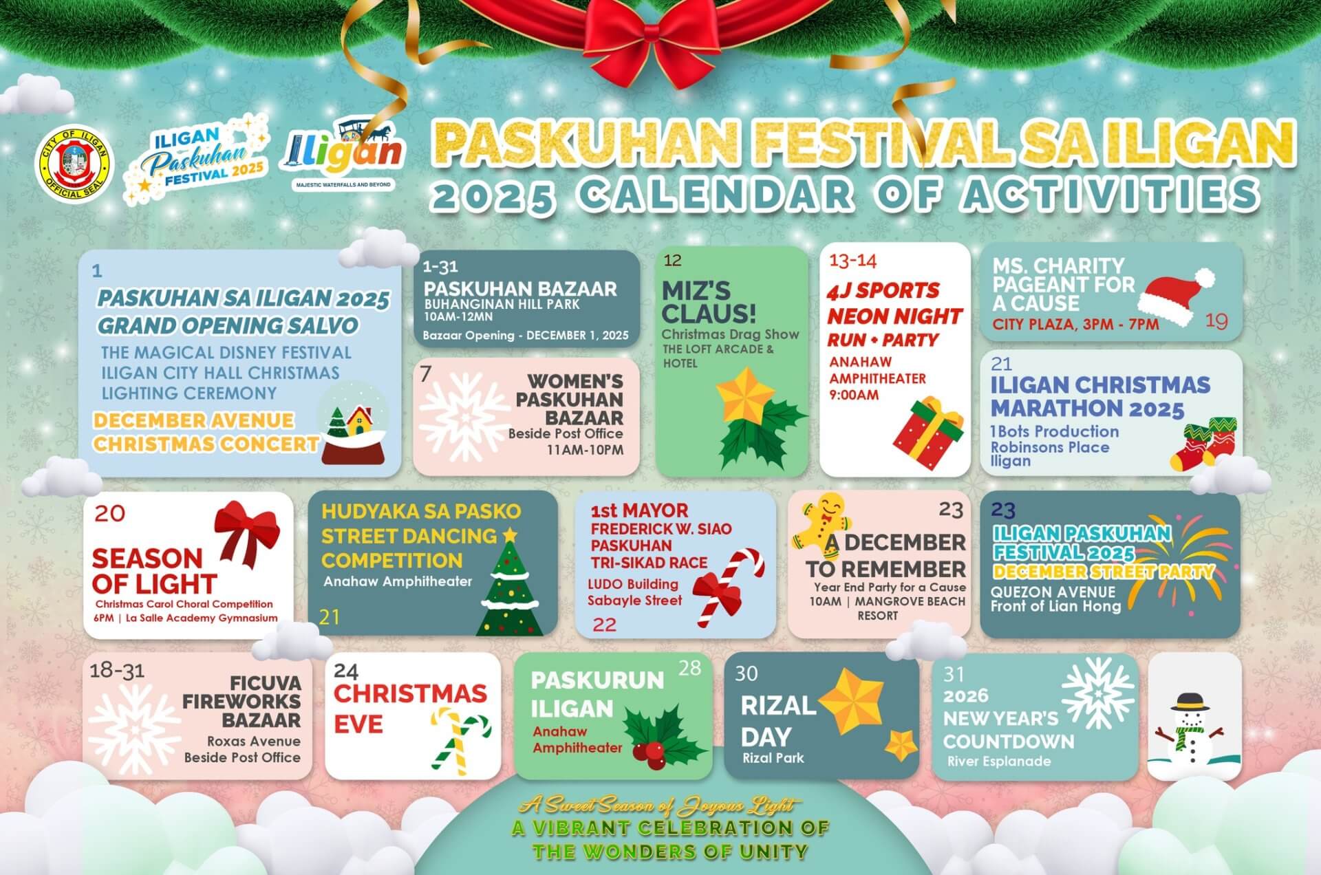 colorful calendar for iligan’s paskuhan 2025, featuring christmas events, dates, and festive icons.