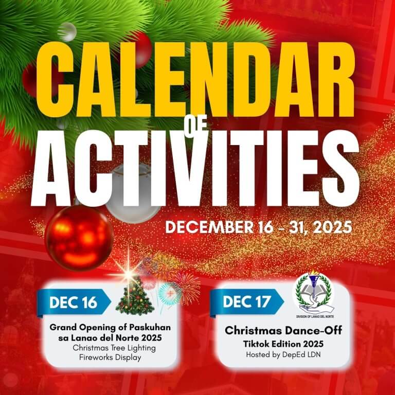 bright festive calendar image with christmas decor, listing 2025 paskuhan celebration and lanao del norte events.