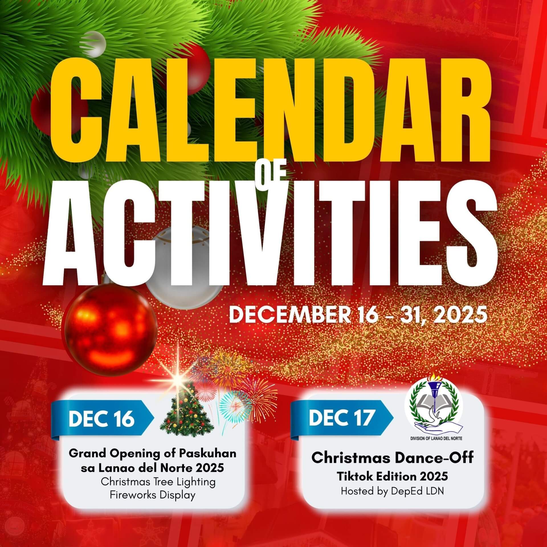 bright festive calendar image with christmas decor, listing 2025 paskuhan celebration and lanao del norte events.