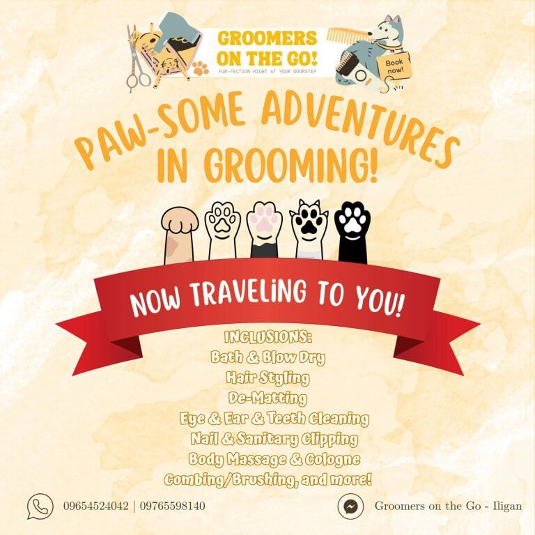 cartoon animal paws and a red banner with text about mobile pet grooming services and a list of inclusions.