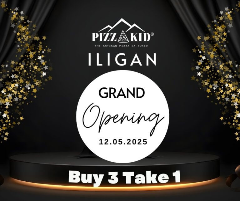 black and gold grand opening ad for pizza kid iligan with buy 3 take 1 promo and event date 12.05.2025.