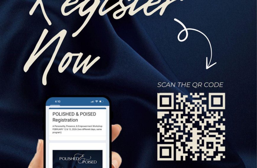 hand holding phone with registration page for presence workshop, qr code, and register now on silky fabric.