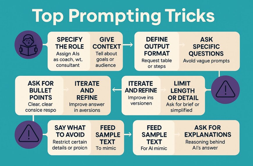 infographic showcasing 10 prompt tricks for ai with icons, text boxes, and a visual prompting playbook flow.