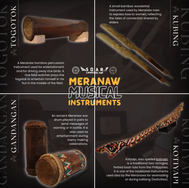 four traditional meranaw instruments, each pictured and described with names: togotok, kubing, gandangan, and kotyapi.
