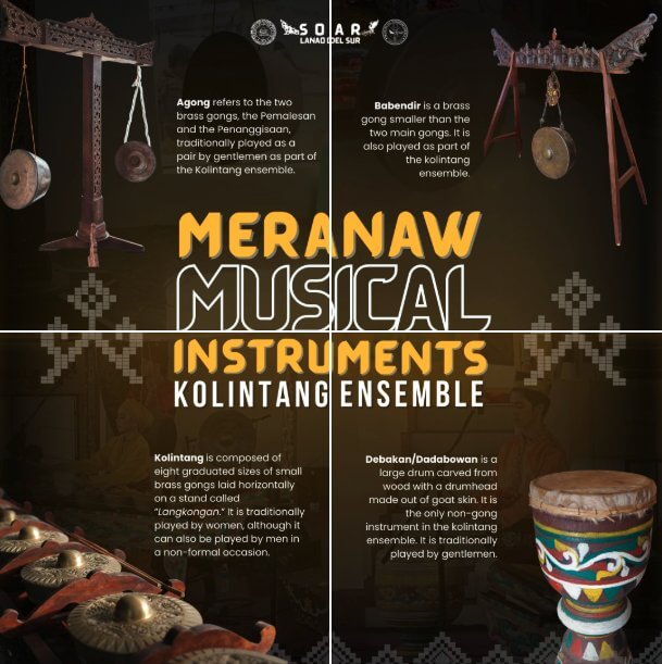 four meranaw brass musical instruments with descriptions are displayed on a black and gold decorative background.