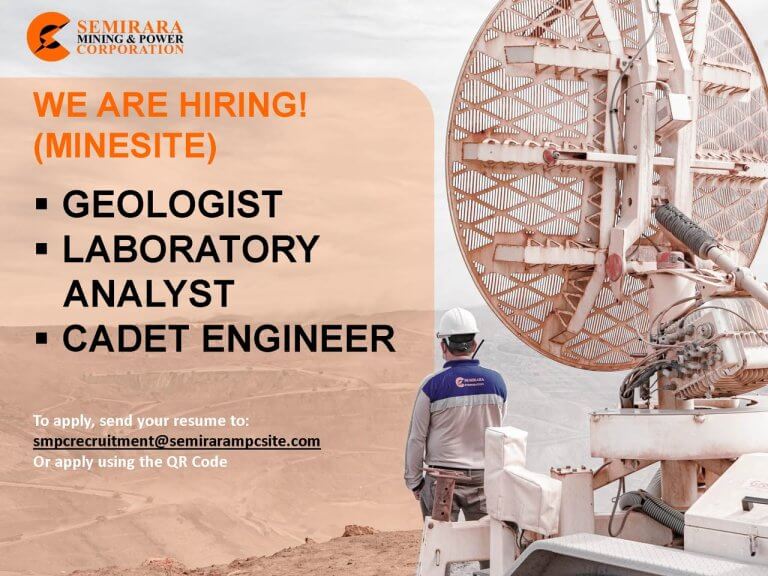 a mining engineer stands near equipment with job postings for geologist, laboratory analyst, and cadet engineer.