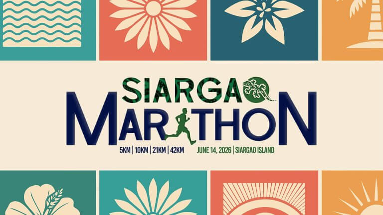 colorful blocks and floral patterns frame siargao marathon 2026, supporting siargao local businesses.