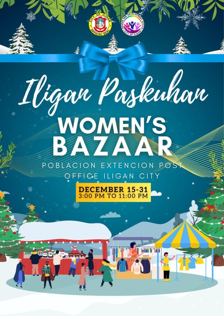 festive bazaar scene with people shopping, winter decor, tents, trees, and event information text above.