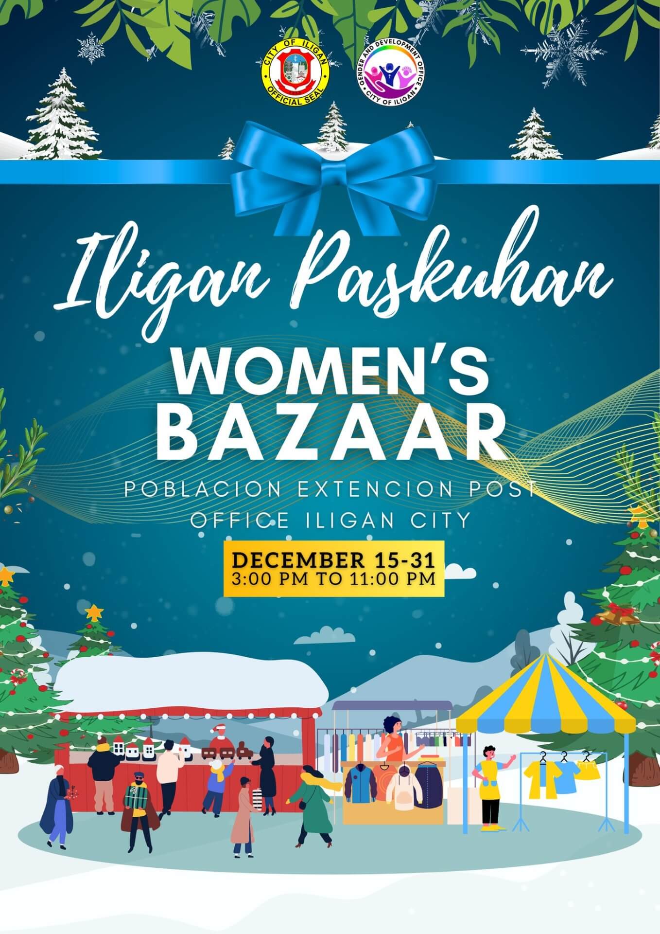 festive bazaar scene with people shopping, winter decor, tents, trees, and event information text above.