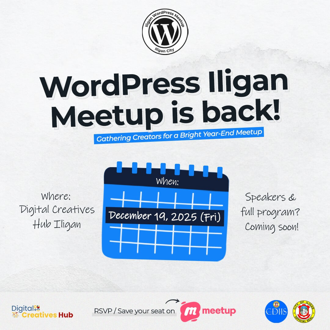 event poster: wordpress iligan meetup is back! on dec 19, 2025 at digital creatives hub iligan.