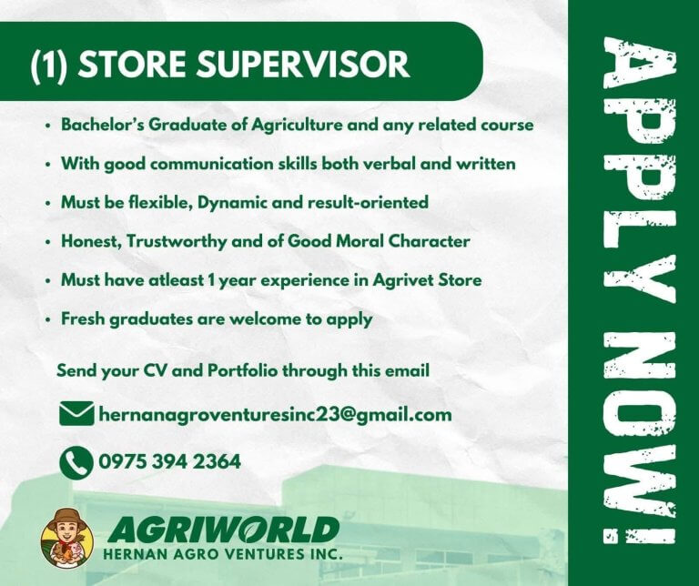job ad for store supervisor at agriworld listing qualifications and contact details on a green and white background.