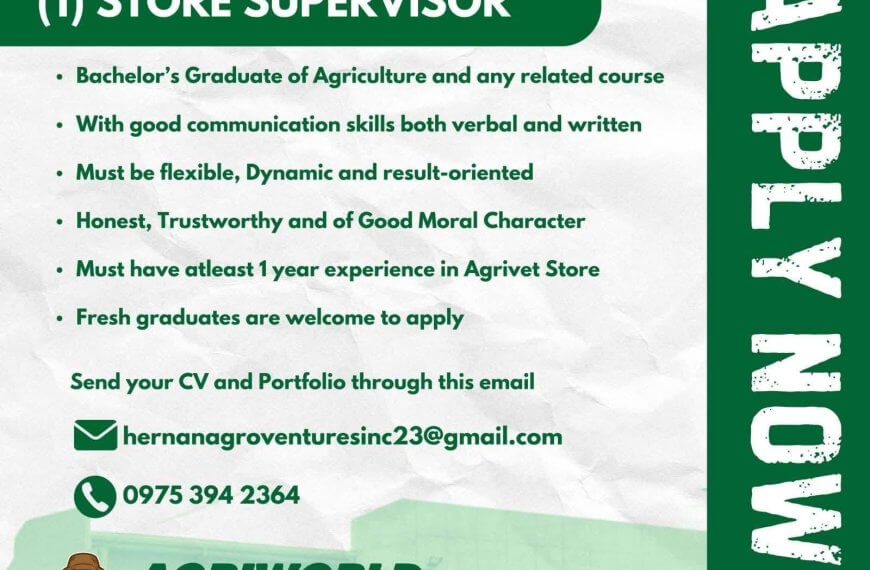 job ad for store supervisor at agriworld listing qualifications and contact details on a green and white background.