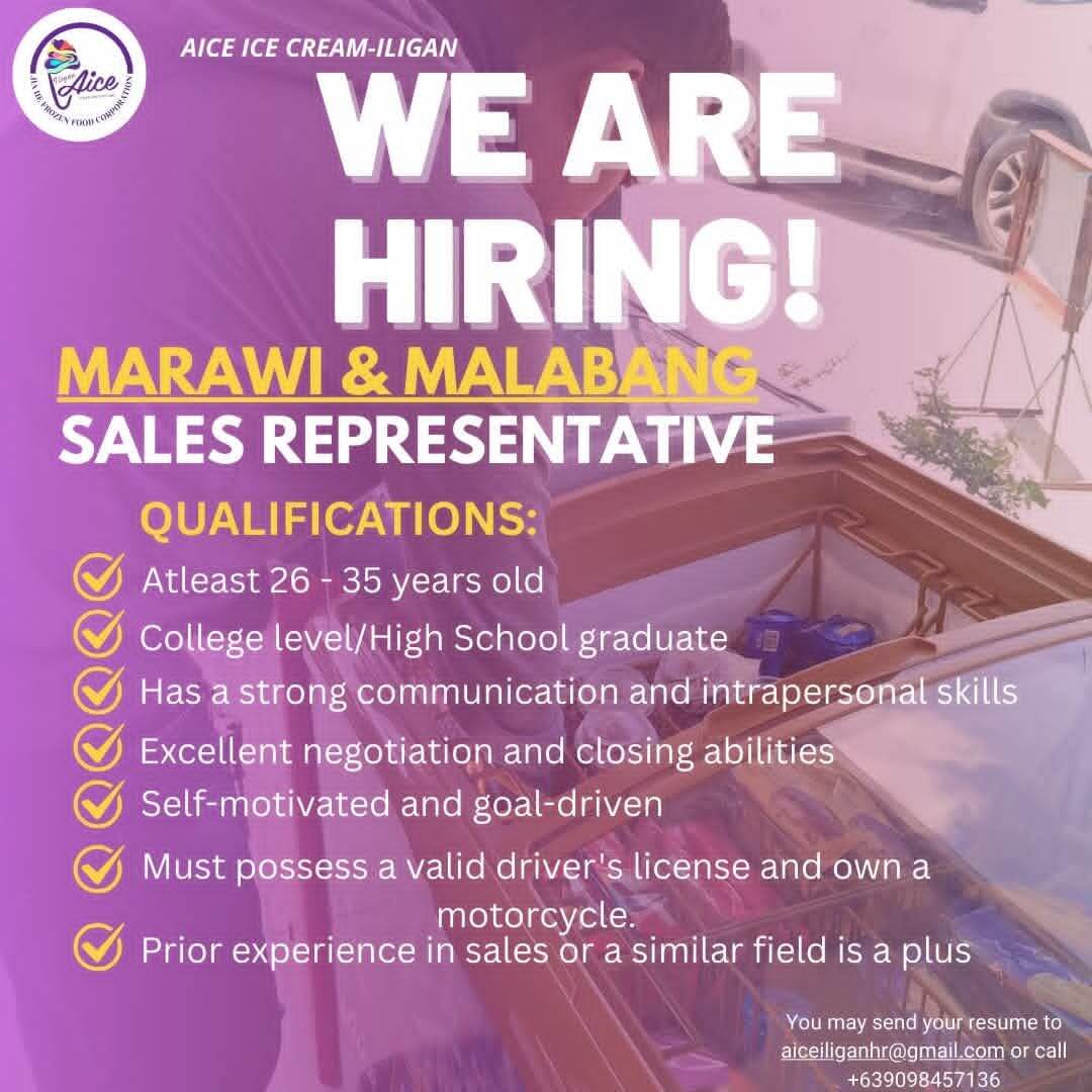 a job hiring poster for sales reps in marawi & malabang, listing qualifications with a contact email and phone.