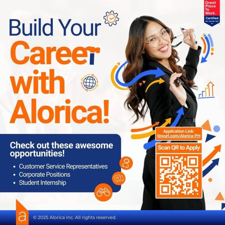 young professional woman holding glasses, smiling; build your career with alorica! text and qr code to apply.