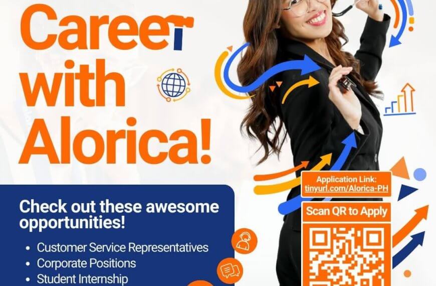 young professional woman holding glasses, smiling; build your career with alorica! text and qr code to apply.