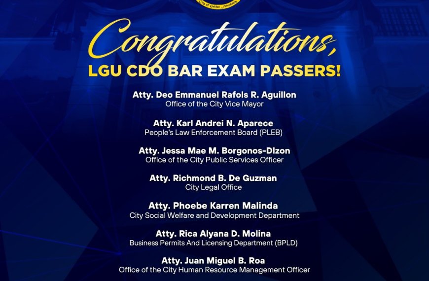 blue congratulatory poster listing cagayan de oro lgu bar exam passers with their names and office titles.