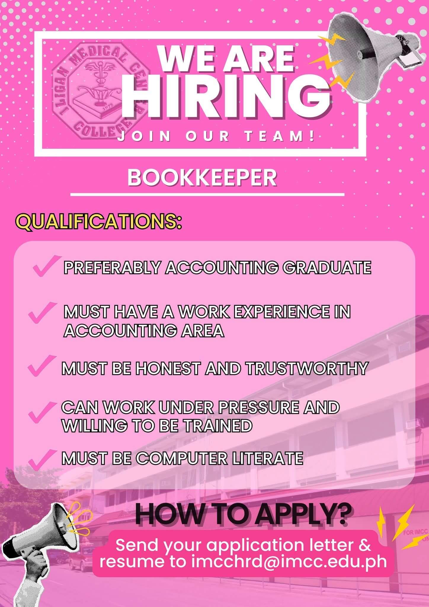 a pink poster with text and images from iligan medical center college’s accounting office.