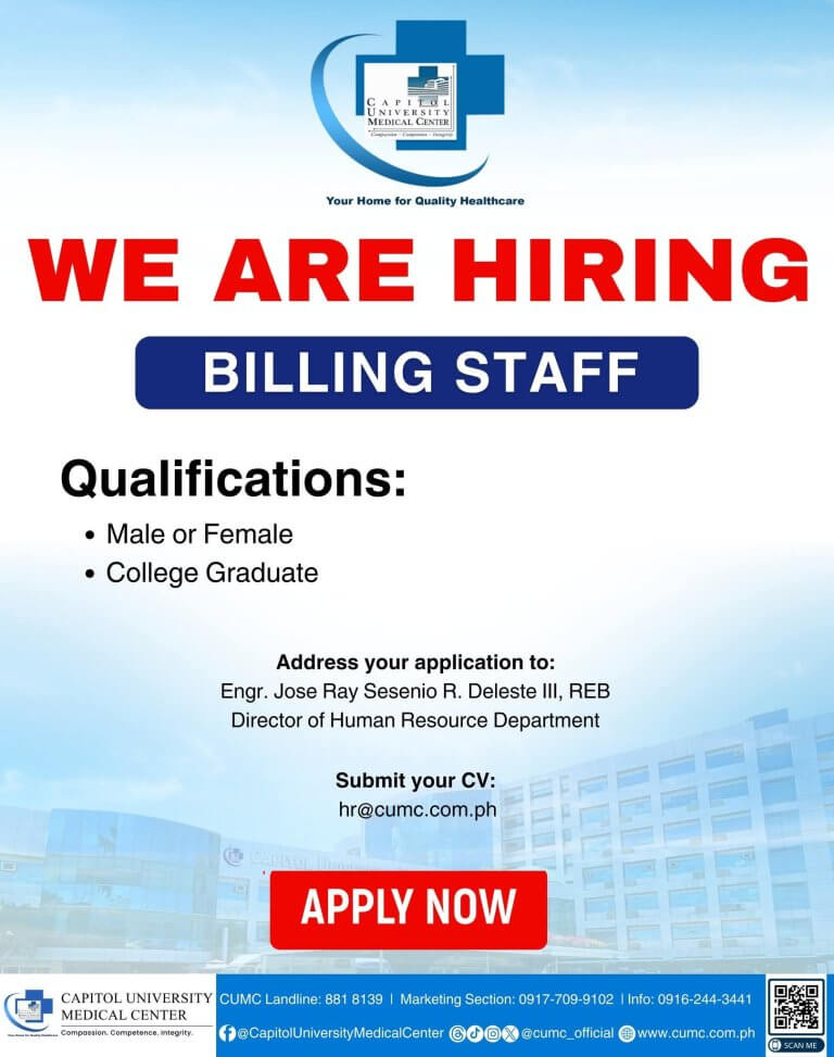 a hiring poster for billing staff at capitol university medical center iligan, with qualifications and application details.