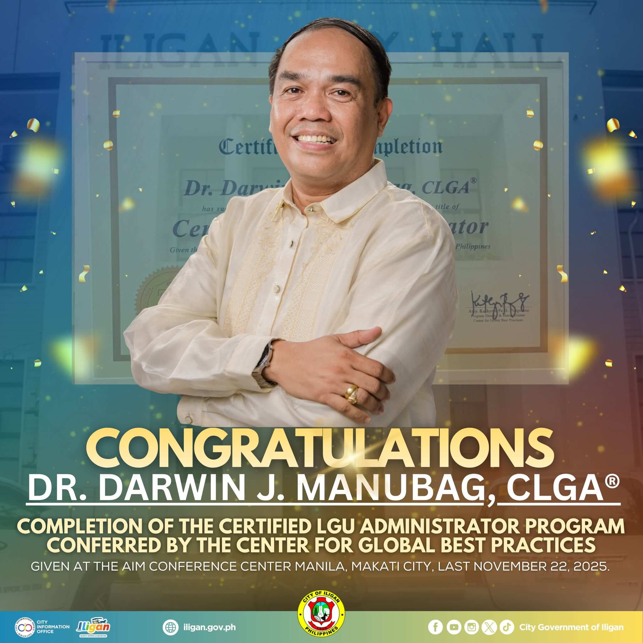 smiling man in barong stands with certificate; congratulatory text overlay about program completion.