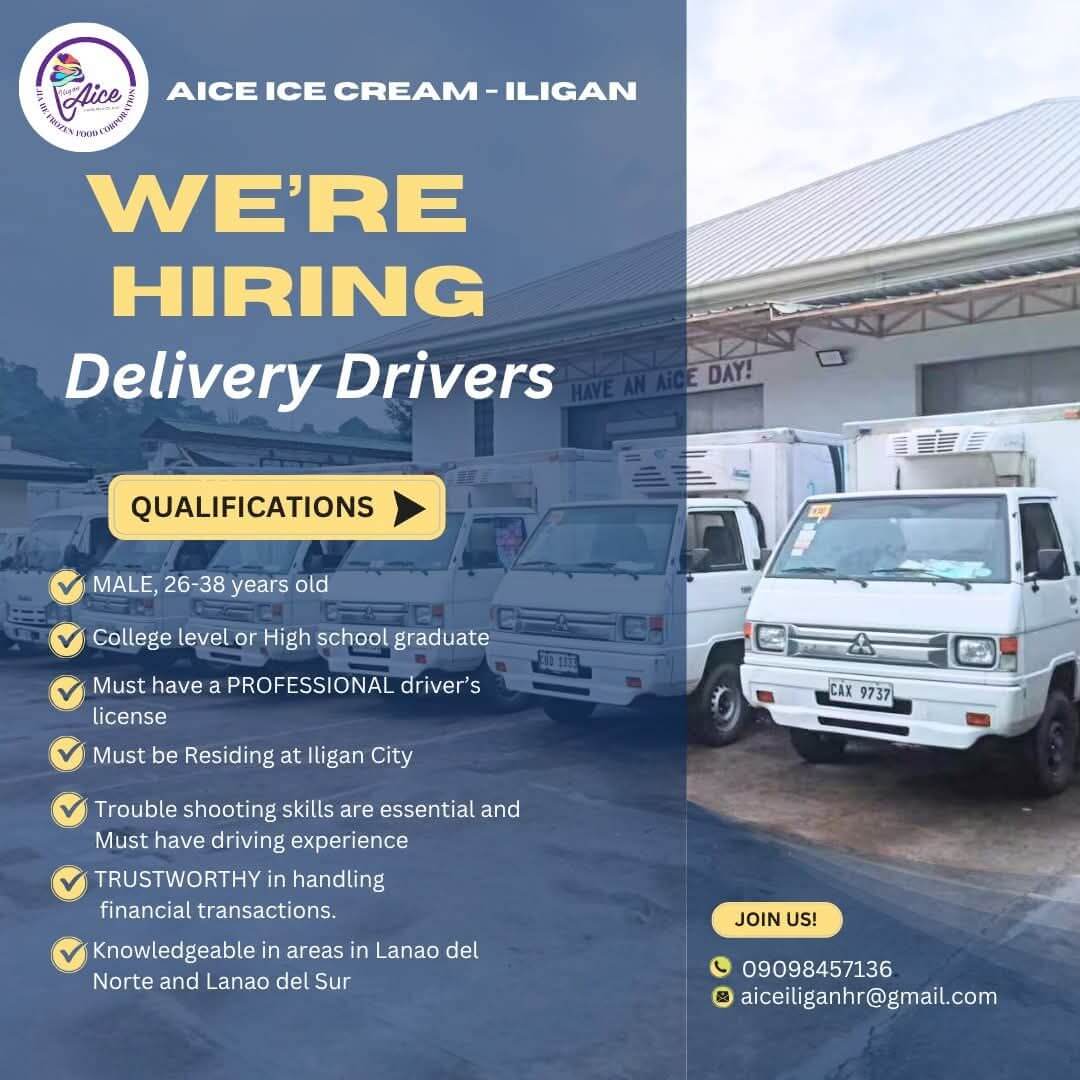 five white delivery trucks parked in a row; aice ice cream iligan hiring delivery drivers, see requirements.