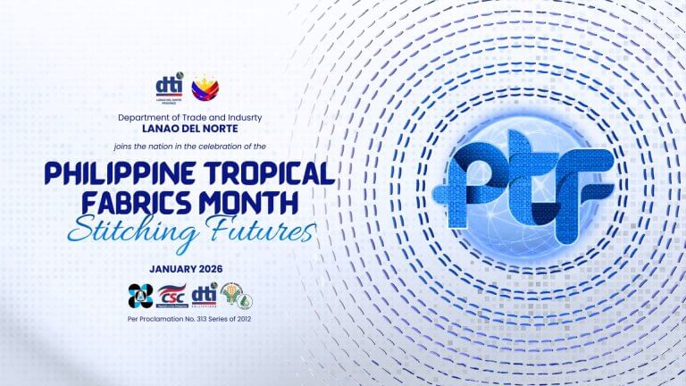 blue and white graphic for philippine tropical fabrics month 2026 with circular stitched patterns.