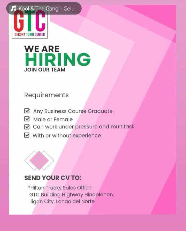 job hiring poster for gtc; requirements and application details listed on a pink and white background.