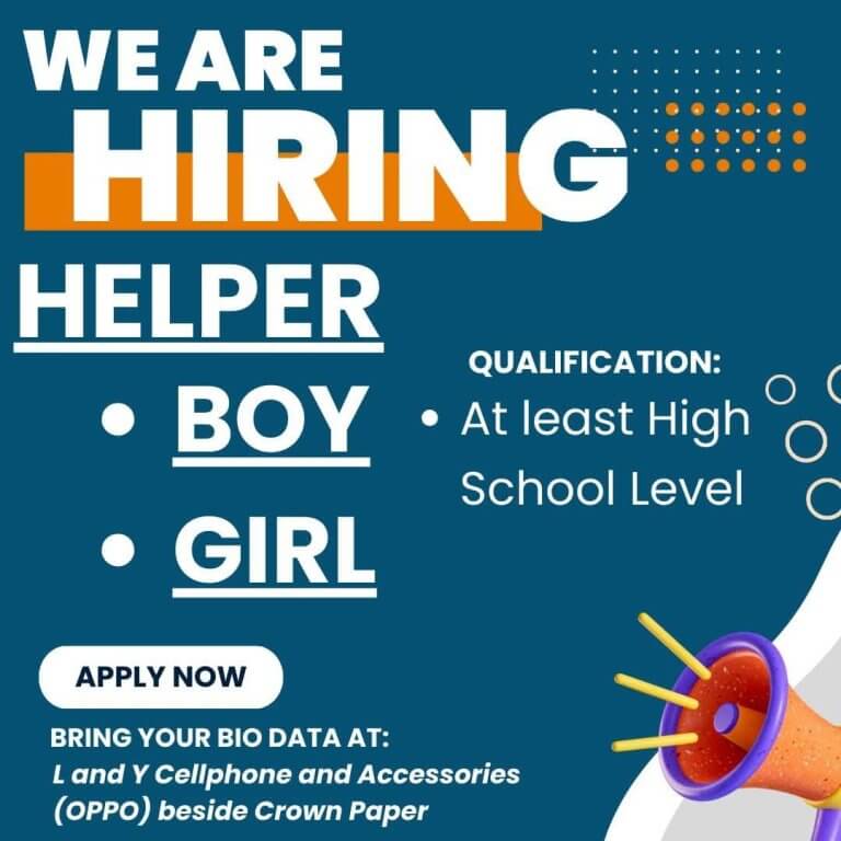 hiring ad for boy or girl, high school level; apply at l and y cellphone beside crown paper; megaphone graphic.
