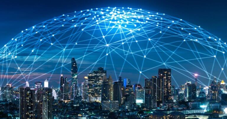iligan city skyline at night with glowing network lines forming a digital dome over it park iligan.