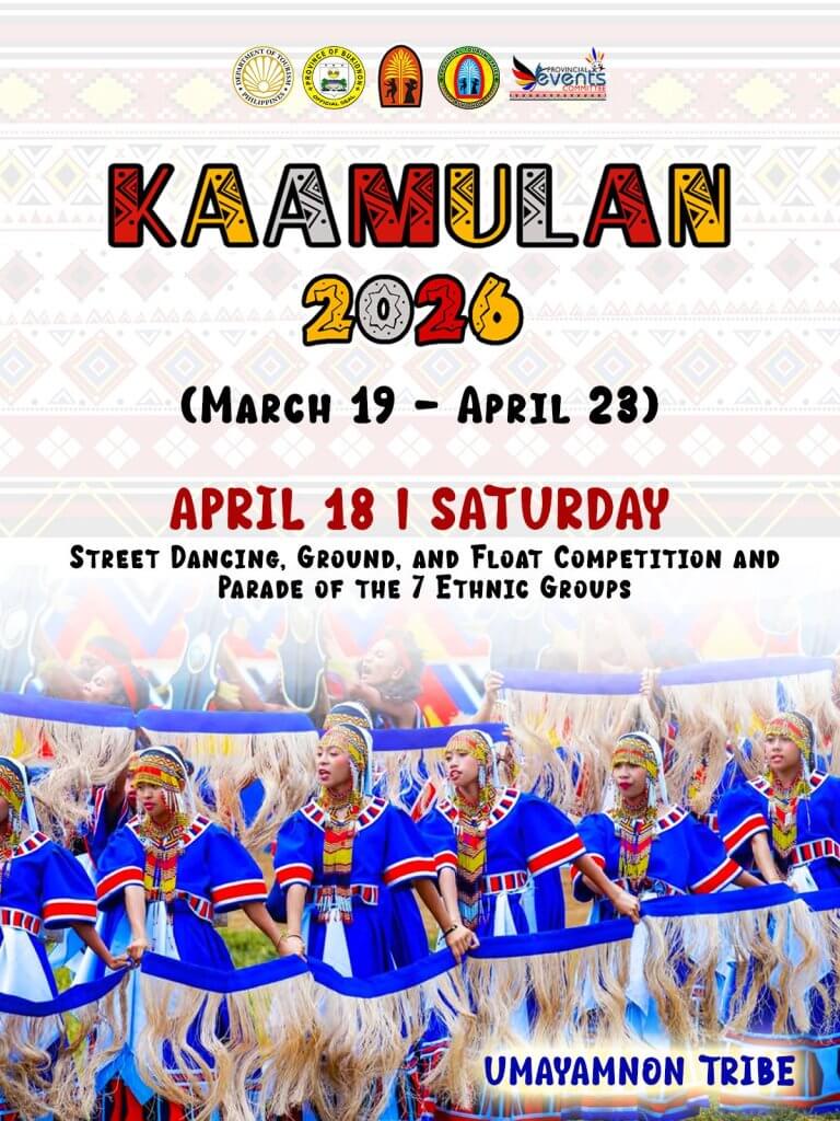 colorful poster for kaamulan festival 2026 in bukidnon, with women in blue and grand street dancing.