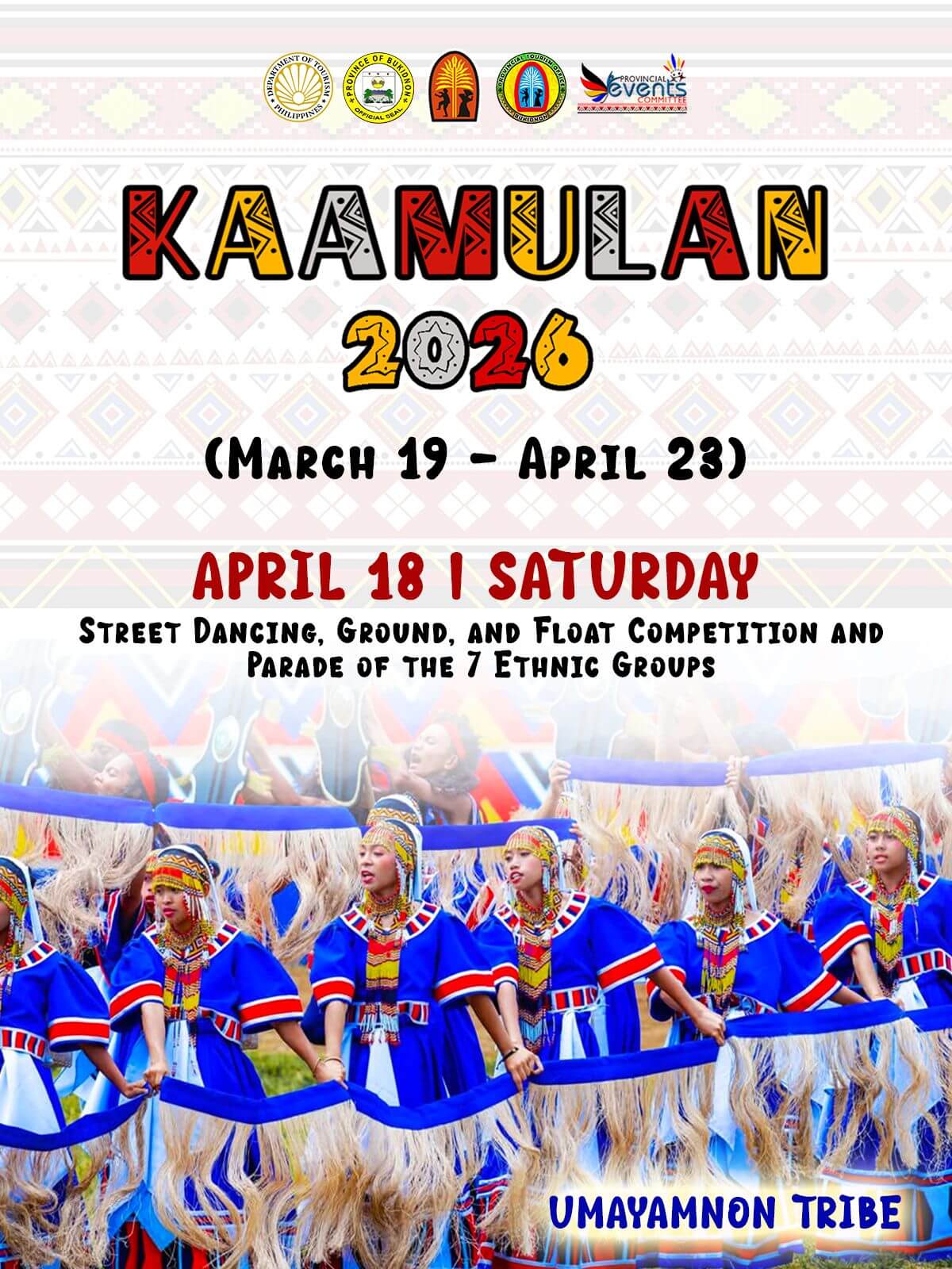 colorful poster for kaamulan festival 2026 in bukidnon, with women in blue and grand street dancing.