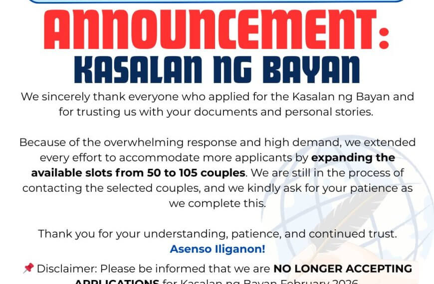 announcement from iligan city civil registrar: kasalan ng bayan slots increased, no longer accepting applications.