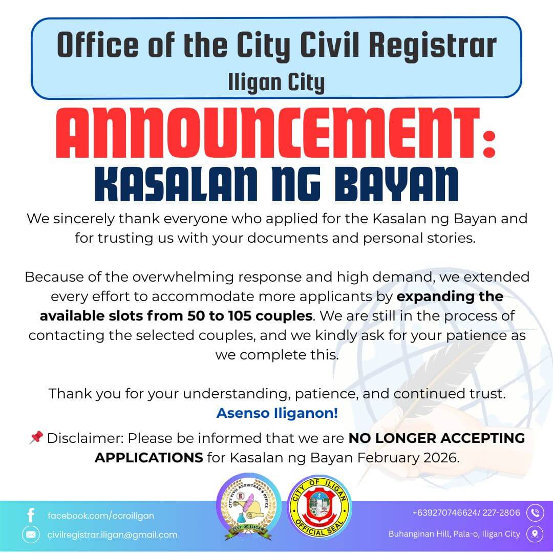 announcement from iligan city civil registrar: kasalan ng bayan slots increased, no longer accepting applications.