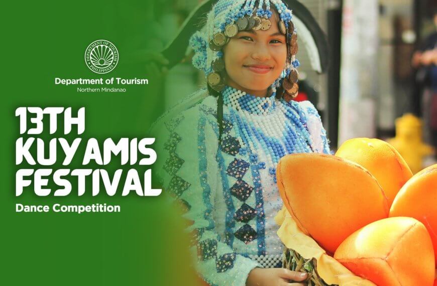 a smiling woman in a beaded costume holds kuyamis fruits at misamis oriental’s vibrant kuyamis festival.