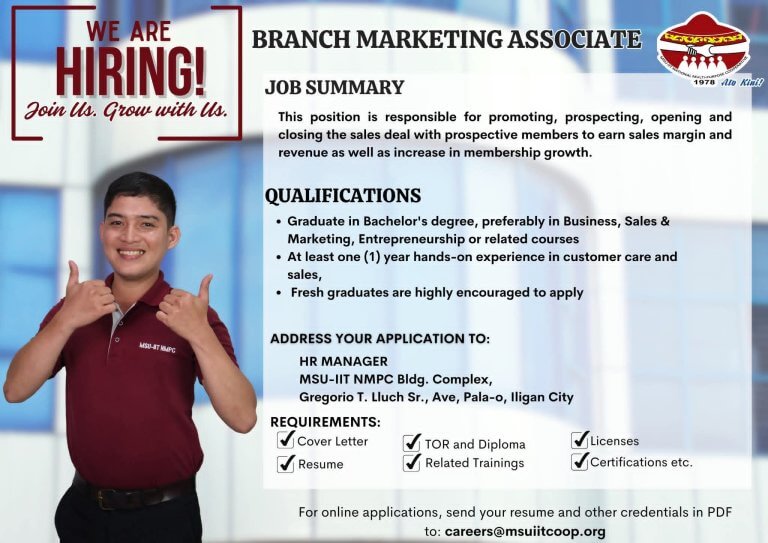 a young man smiles and points upward beside a job ad for a branch marketing associate position at msu iit nmpc.