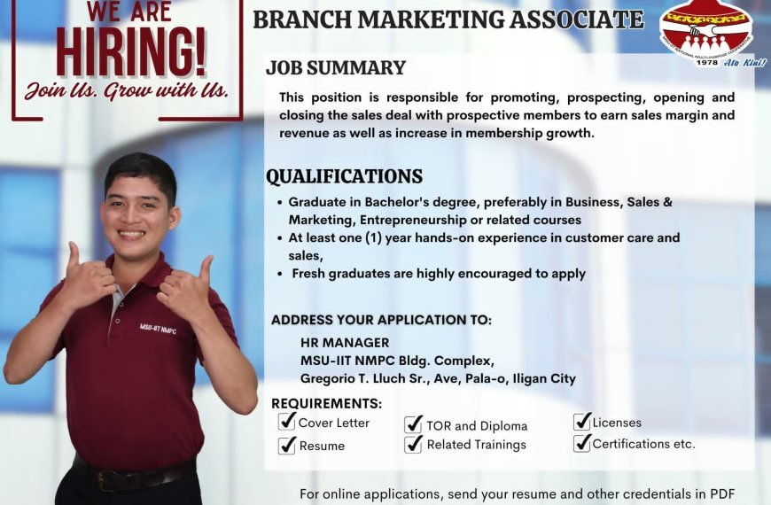 a young man smiles and points upward beside a job ad for a branch marketing associate position at msu iit nmpc.