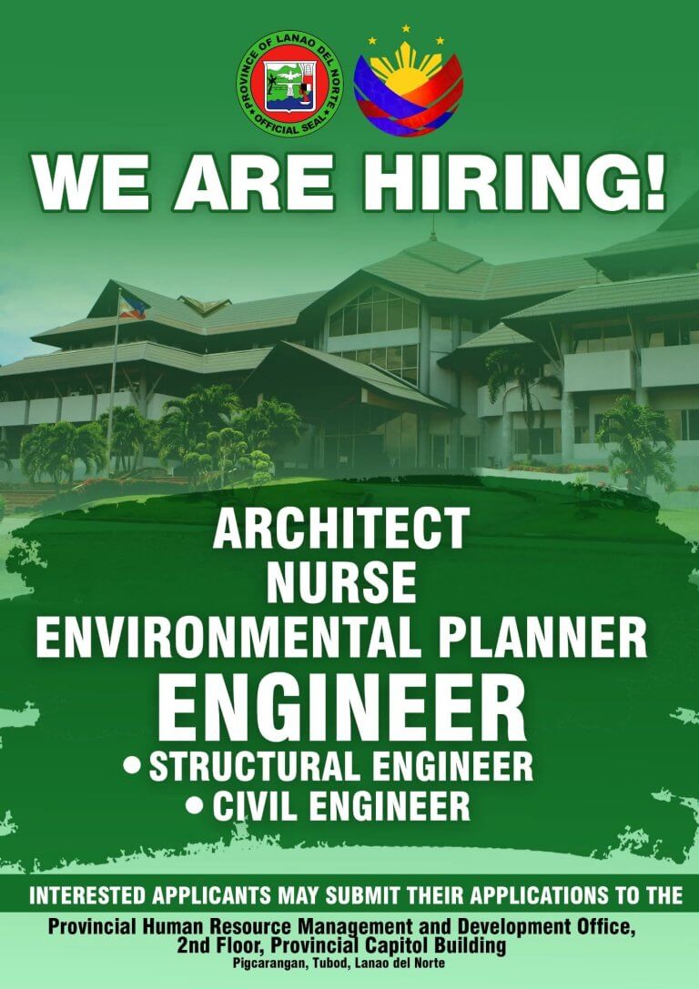 a hiring ad from lanao del norte for architect, nurse, planner, structural and civil engineer roles.